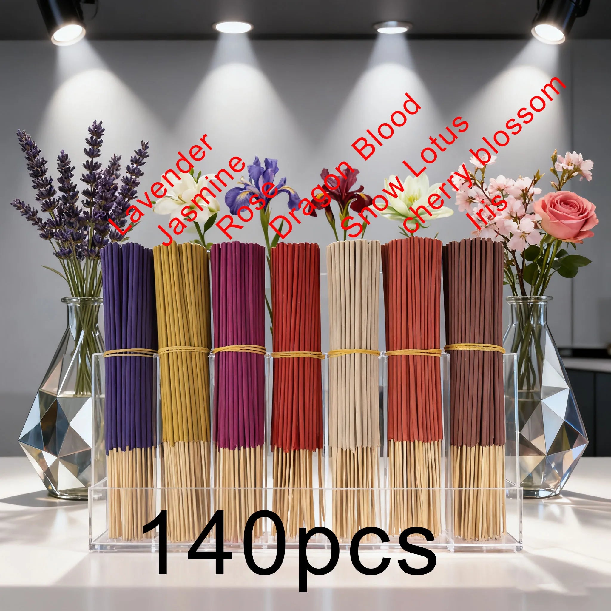7 Sets of 140 Incense Sticks, Available in Four Seasonal Sets: Rose, Lavender, Sandalwood, Jasmine, Mint, Cherry Blossom, Herbal, and Dragon Blood Wood, with 20 Sticks Per Pack, Suitable for Home Use, Office, Yoga, Meditation